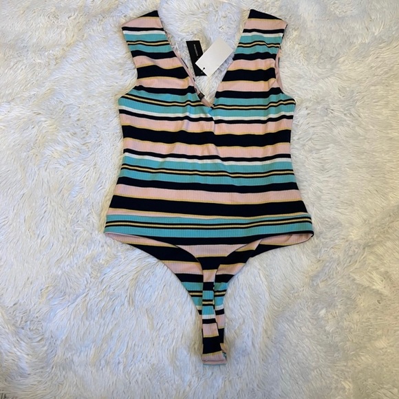 AFRM Pink, Black, and Teal Horizontally Striped Bodysuit Size M - Picture 4 of 9